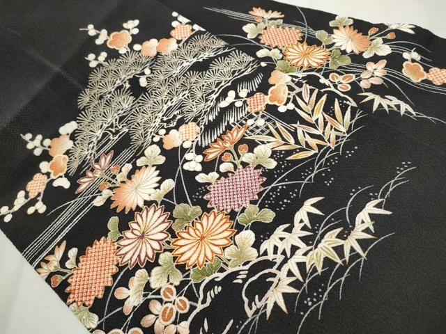 平和屋着物●九寸名古屋帯 松竹梅風景文 黒地 金彩 鬼しぼ縮緬 正絹 逸品 CAAX1513hy