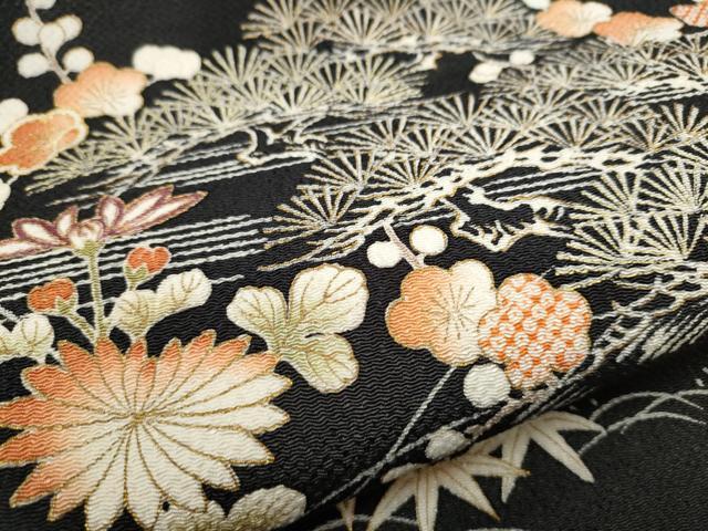 平和屋着物●九寸名古屋帯 松竹梅風景文 黒地 金彩 鬼しぼ縮緬 正絹 逸品 CAAX1513hy