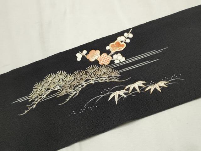 平和屋着物●九寸名古屋帯 松竹梅風景文 黒地 金彩 鬼しぼ縮緬 正絹 逸品 CAAX1513hy