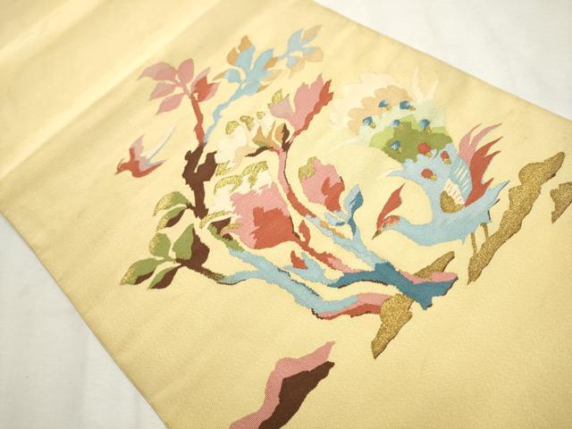 平和屋着物●爪掻き本綴れ 八寸名古屋帯 孔雀枝花文 飴色 金糸 正絹 逸品 CAAX1526hy