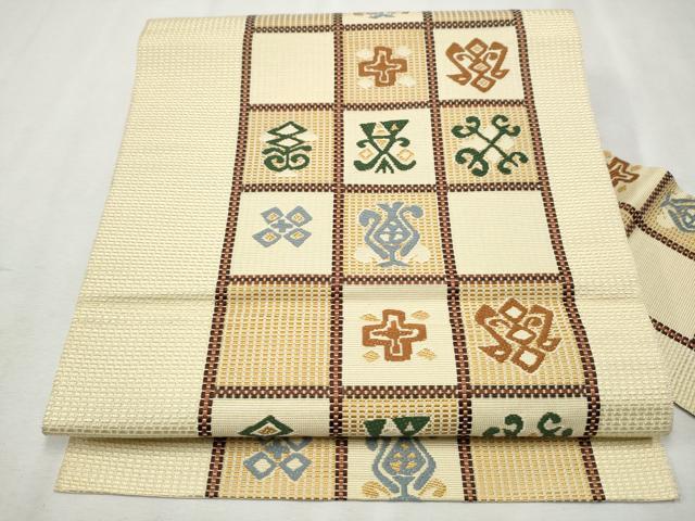 平和屋着物●本場筑前博多織 八寸名古屋帯 市松吉祥文 正絹 逸品 CAAX1557hy