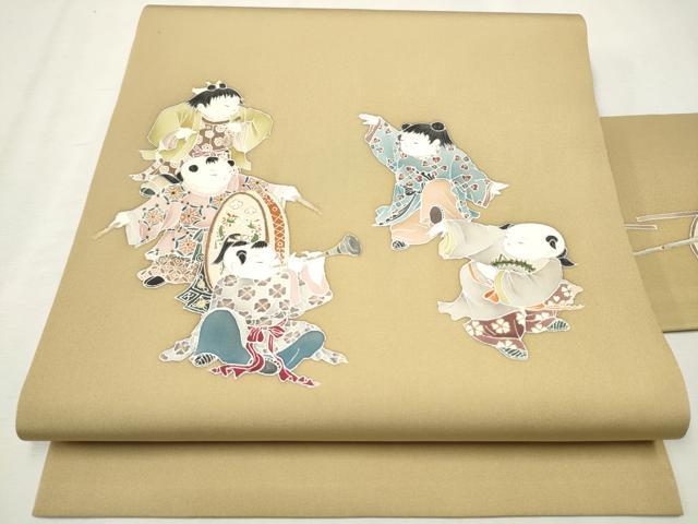 平和屋着物●塩瀬 九寸名古屋帯 作家物 童子楽器文 金彩 正絹 逸品 CAAX1565hy