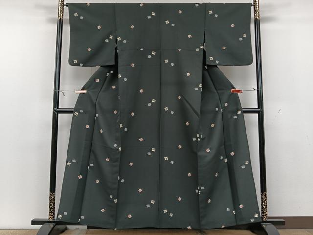 平和屋着物▽小紋 単衣 色紙草花文 黒地 洗える着物 CAAX2436xi