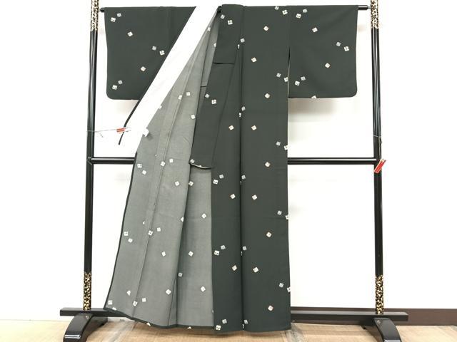 平和屋着物▽小紋 単衣 色紙草花文 黒地 洗える着物 CAAX2436xi
