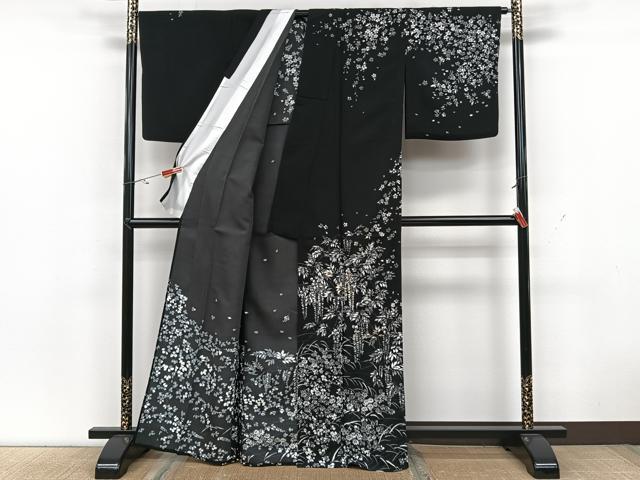 平和屋着物▽訪問着 単衣 草花文 黒地 金彩 洗える着物 CAAX2448xi