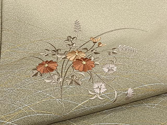 平和屋着物▽訪問着 単衣 刺繍 草花文 暈し染め 金銀彩 正絹 逸品 CAAX2468xi