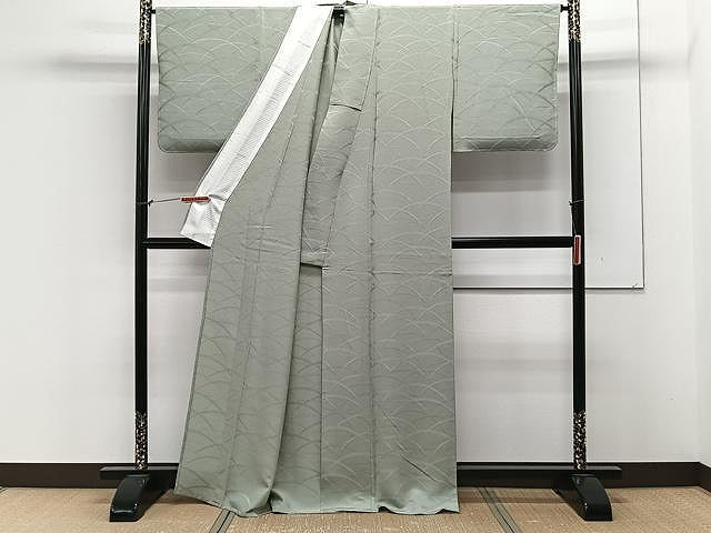 平和屋着物▽上質な色無地 単衣 芝地紋 青白橡色 正絹 逸品 CAAX2513xi