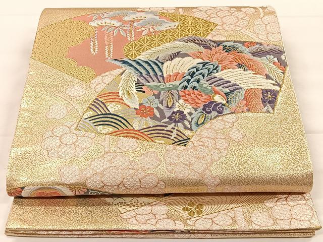 平和屋着物◎六通柄袋帯 唐織 扇面取鳳凰文 金糸 正絹 逸品 CAAX2934id