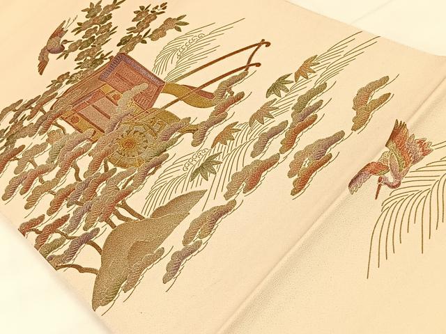 平和屋着物◎太鼓柄袋帯 御所車飛鶴枝花文 金彩 正絹 逸品 CAAX2966id