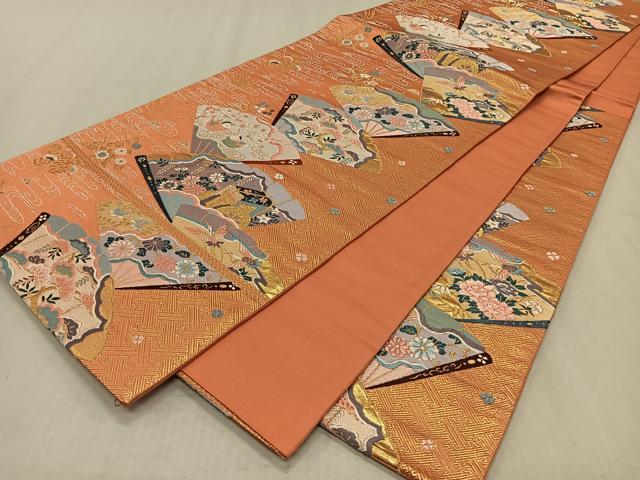 平和屋着物◎六通柄袋帯 唐織 九百錦 檜扇献上文 金糸 正絹 逸品 CAAX3348qv