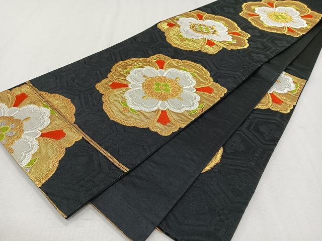 平和屋着物◎六通柄袋帯 唐織 正倉院花文 黒地 金銀糸 正絹 逸品 CAAX3383qv