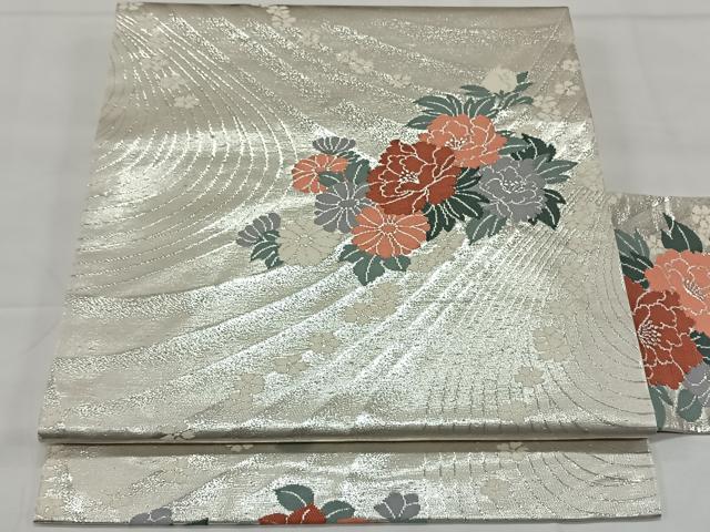 平和屋着物◎九寸名古屋帯 流水牡丹 銀糸 正絹 逸品 CAAX3521qv