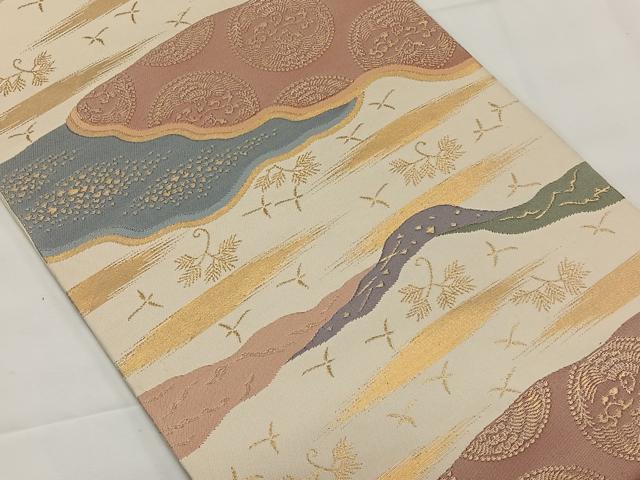 平和屋着物◎全通柄 本袋帯 霞向かい鳥文 金糸 正絹 逸品 CAAX3525qv