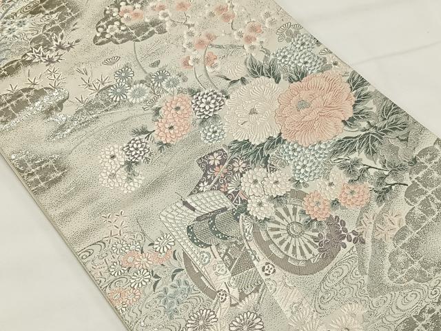 平和屋着物◎六通柄袋帯 唐織 瑞宝御所車文 九百プラチナ箔 正絹 逸品 CAAX3568qv