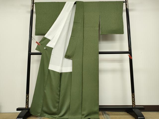 平和屋着物●上質な色無地 舞花地紋 松葉色 正絹 逸品 CAAX4510ut