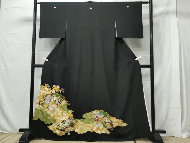 平和屋着物■豪華黒留袖 駒刺繍 桧扇花鳥文 金銀糸 正絹 逸品 CAAX4991th