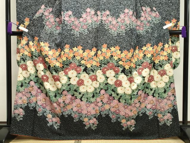 平和屋着物●豪華振袖 作家物 草花文 黒地 金彩 正絹 逸品 CAAX5844gh