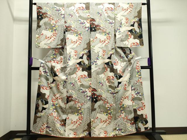 平和屋着物●上質な小紋 扇面草花文 金彩 正絹 逸品 CAAX5890gh