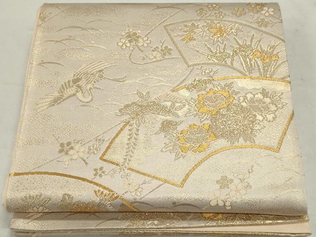 平和屋着物◎六通柄袋帯 地紙飛鶴花文 銀糸 ラメ糸 正絹 逸品 CAAX6795ou