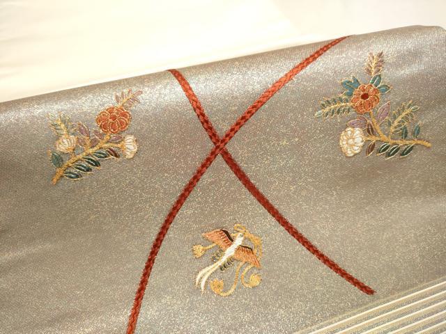 平和屋着物●九寸開き名古屋帯 駒刺繍 鳳凰枝花文 金彩 正絹 逸品 CAAX7201hy