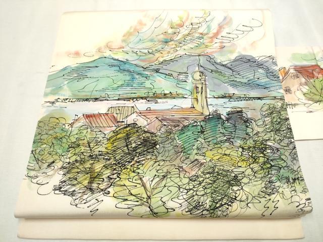 平和屋着物●塩瀬 九寸名古屋帯 手描き 風景草木文 正絹 逸品 CAAX7232hy