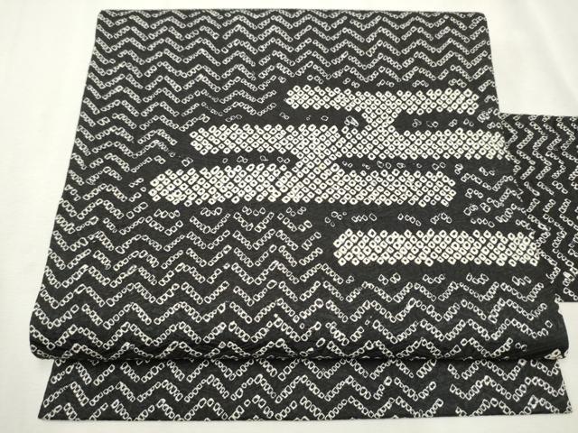 平和屋着物●九寸名古屋帯 総絞り エ霞文 黒地 正絹 逸品 CAAX7247hy