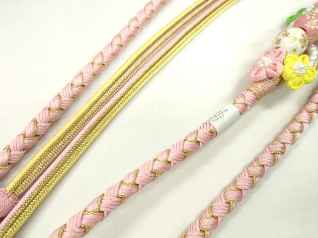 平和屋着物●和装小物 振袖用帯締め 飾り付き 飾り玉 つまみ細工 パール 花 鴇色 金糸 撚り房 逸品 未使用 CAAX8314ju