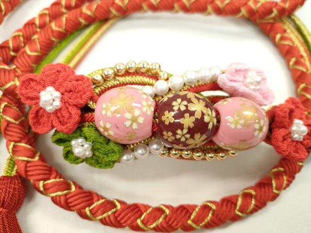 平和屋着物●和装小物 振袖用帯締め 飾り付き 飾り玉 つまみ細工 パール 花 緋色 金糸 撚り房 逸品 未使用 CAAX8315ju