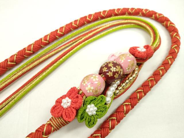 平和屋着物●和装小物 振袖用帯締め 飾り付き 飾り玉 つまみ細工 パール 花 緋色 金糸 撚り房 逸品 未使用 CAAX8315ju