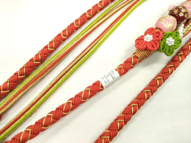 平和屋着物●和装小物 振袖用帯締め 飾り付き 飾り玉 つまみ細工 パール 花 緋色 金糸 撚り房 逸品 未使用 CAAX8315ju
