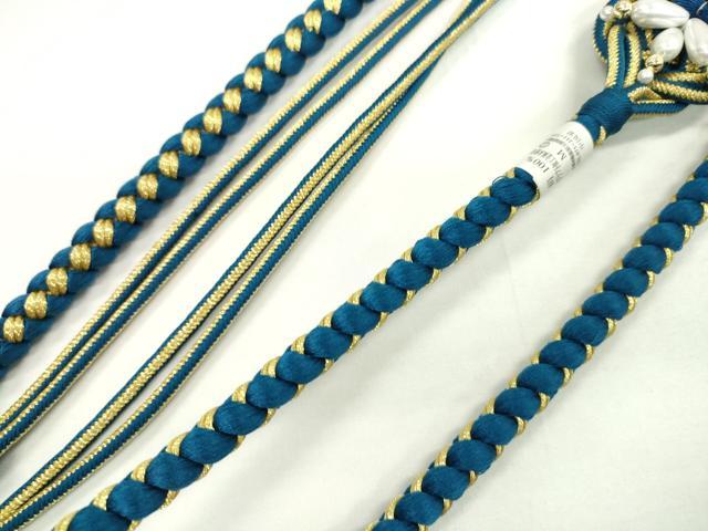 平和屋着物●和装小物 振袖用帯締め 飾り付き 縮緬花飾り パール 青藍色 金糸 撚り房 逸品 未使用 CAAX8323ju