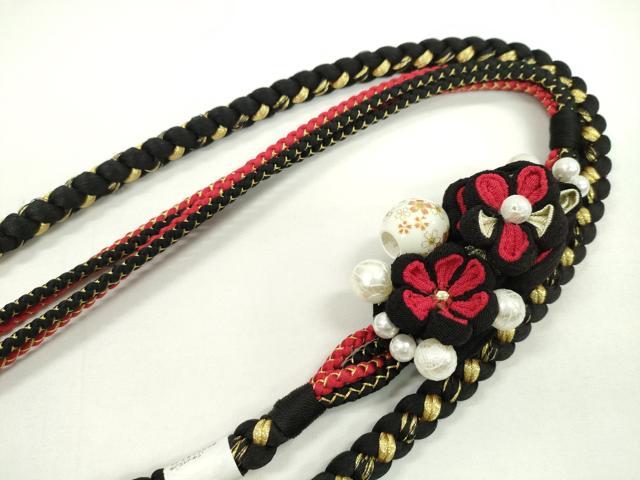 平和屋着物●和装小物 振袖用帯締め 飾り付き 飾り玉 つまみ細工 パール 黒 金糸 撚り房 逸品 未使用 CAAX8327ju