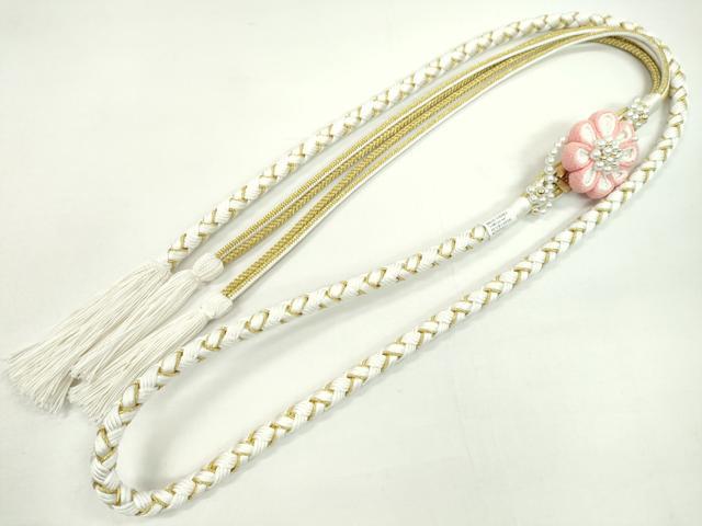 平和屋着物●和装小物 振袖用帯締め 飾り付き つまみ細工 パール 花 白×珊瑚色 金糸 撚り房 逸品 未使用 CAAX8334ju