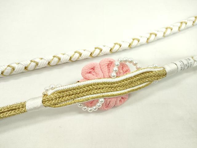 平和屋着物●和装小物 振袖用帯締め 飾り付き つまみ細工 パール 花 白×珊瑚色 金糸 撚り房 逸品 未使用 CAAX8334ju