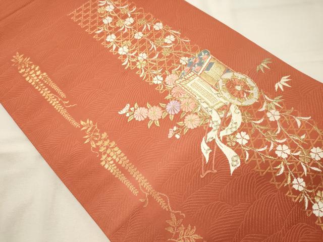 平和屋着物◎六通柄袋帯 駒刺繍 御所車花文 藤花房 金糸 正絹 逸品 CAAX9171oy