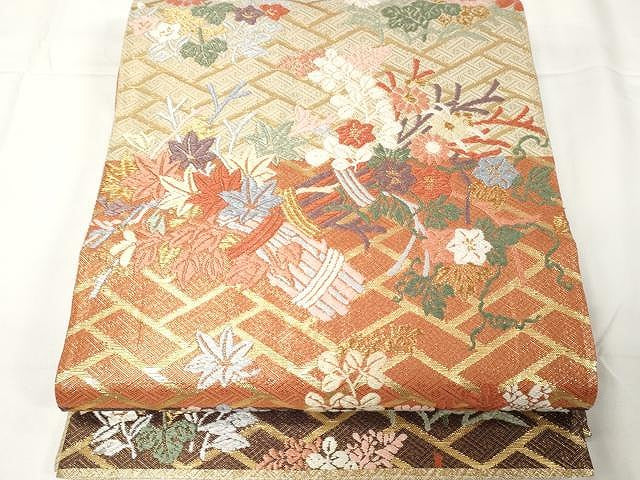 平和屋着物●佐賀錦 六通柄袋帯 唐織 花東唐花文 金糸 正絹 逸品 CAAX9245yk