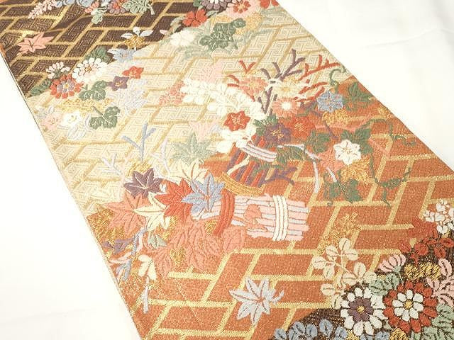 平和屋着物●佐賀錦 六通柄袋帯 唐織 花東唐花文 金糸 正絹 逸品 CAAX9245yk