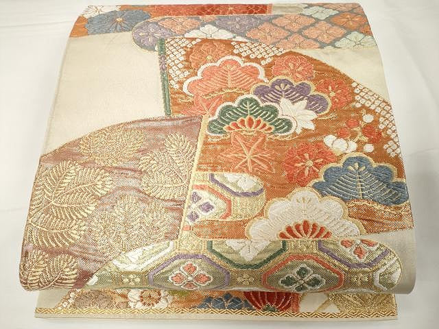 平和屋着物●六通柄袋帯 唐織 扇面花文 金糸 正絹 逸品 CAAX9247yk