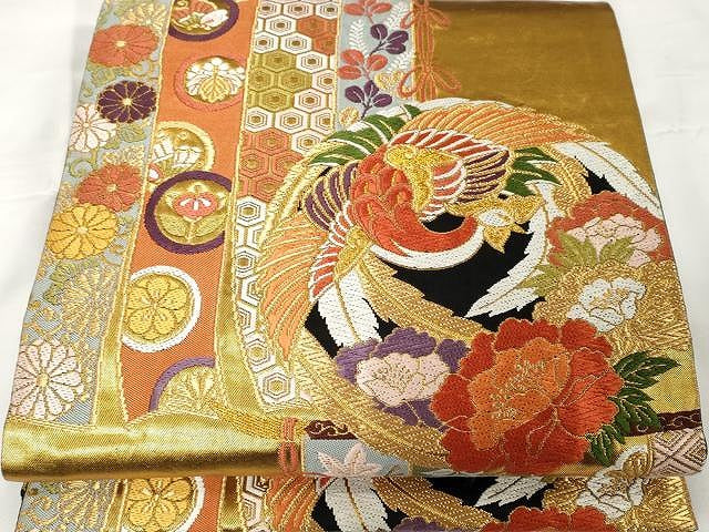 平和屋着物●六通柄袋帯 内裏乃四季紋 黒地 金糸 正絹 逸品 CAAX9248yk