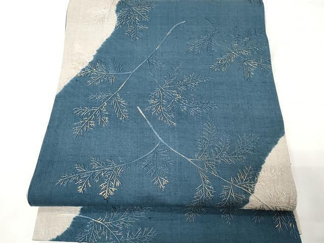 平和屋着物●全通柄袋帯 紬地 絞り 総刺繍 枝笹文 金彩 正絹 逸品 CAAX9286yk
