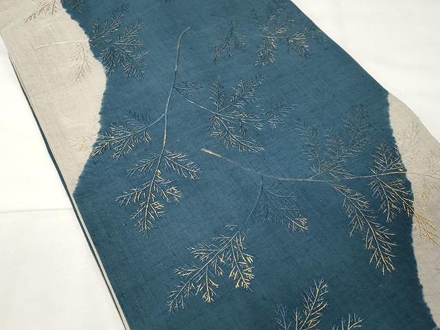 平和屋着物●全通柄袋帯 紬地 絞り 総刺繍 枝笹文 金彩 正絹 逸品 CAAX9286yk