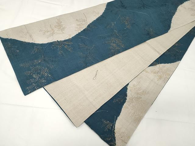 平和屋着物●全通柄袋帯 紬地 絞り 総刺繍 枝笹文 金彩 正絹 逸品 CAAX9286yk