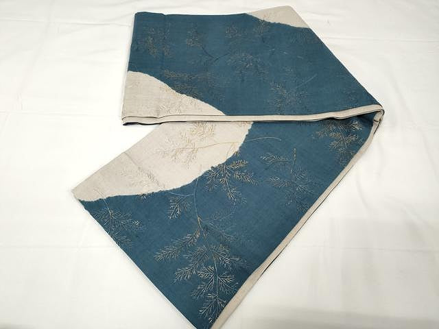平和屋着物●全通柄袋帯 紬地 絞り 総刺繍 枝笹文 金彩 正絹 逸品 CAAX9286yk