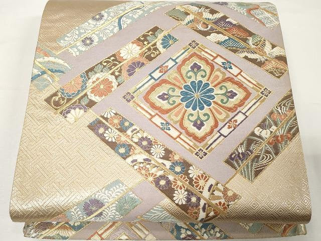 平和屋着物●六通柄袋帯 唐織 菱取扇子紋 九百錦 金糸 正絹 逸品 CAAX9379yk