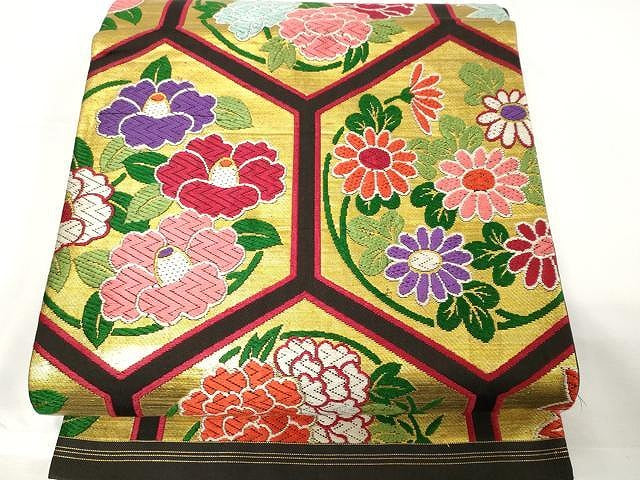 平和屋着物●六通柄袋帯 唐織 亀甲枝花文 黒地 金糸 正絹 逸品 CAAX9380yk