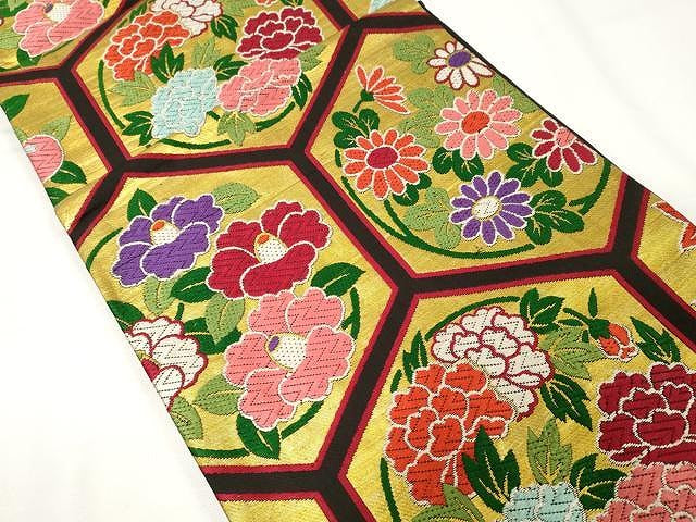 平和屋着物●六通柄袋帯 唐織 亀甲枝花文 黒地 金糸 正絹 逸品 CAAX9380yk