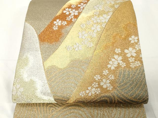 平和屋着物●綴れ 六通柄袋帯 立波舞桜文 金銀糸 正絹 逸品 CAAX9410yk