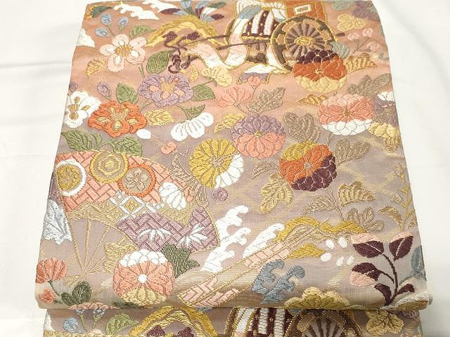 平和屋着物●六通柄袋帯 唐織 扇面御所車枝花文 金糸 正絹 逸品 CAAX9414yk