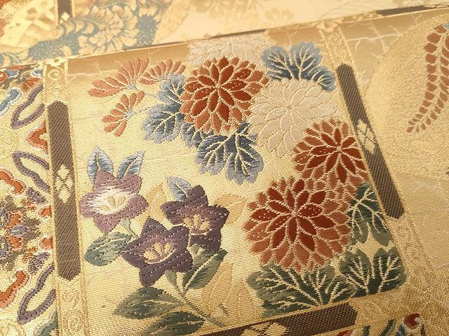 平和屋着物●六通柄袋帯 唐織 市松花文 金糸 正絹 逸品 CAAX9416yk