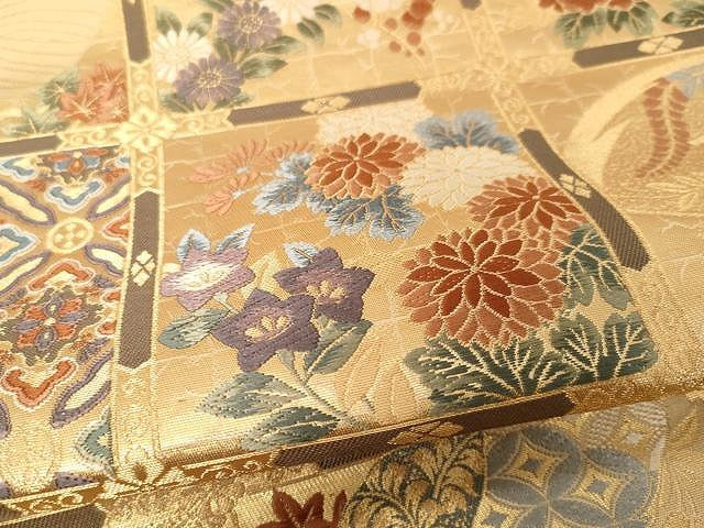 平和屋着物●六通柄袋帯 唐織 市松花文 金糸 正絹 逸品 CAAX9416yk